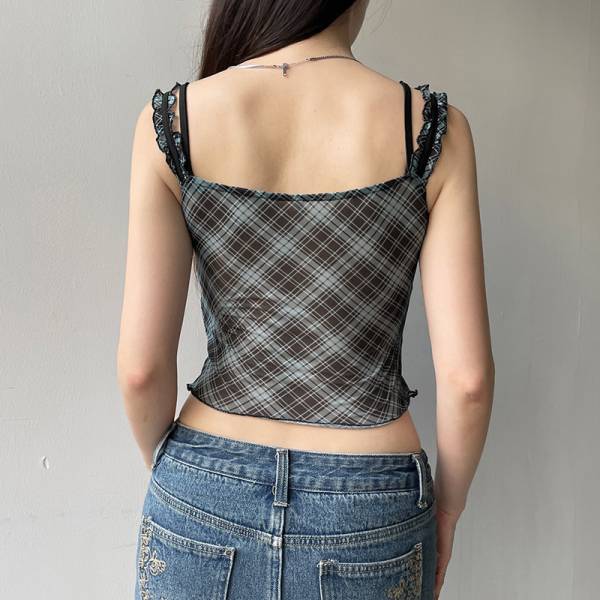 Plaid Lace Stitching Fake Suspenders Vest For Women Lace Suit - Image 4