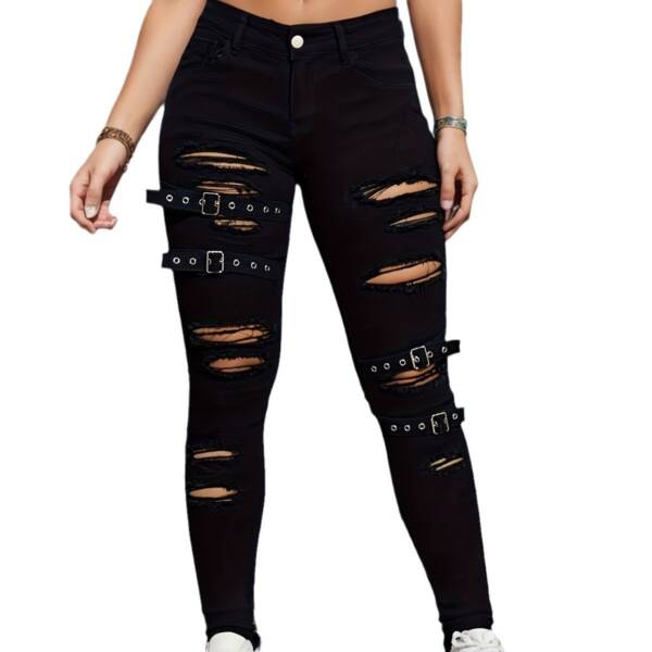 Black Tight Stretch Skinny Trousers Women's Ripped Denim Trousers - Image 4