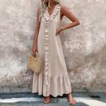 Solid Color Sleeveless Cotton Linen V-neck Swing Dress