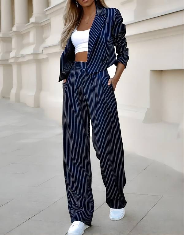 Fashion Striped Suits Casual Lapel Long Sleeve Cropped Top And Straight Pants Outfits Women's Clothing - Image 4