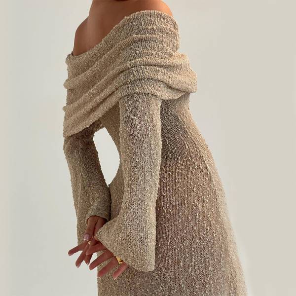 New One-shoulder Knitted Long-sleeved Dress Sexy Beach Holiday Long Dresses Womens Clothing - Image 2