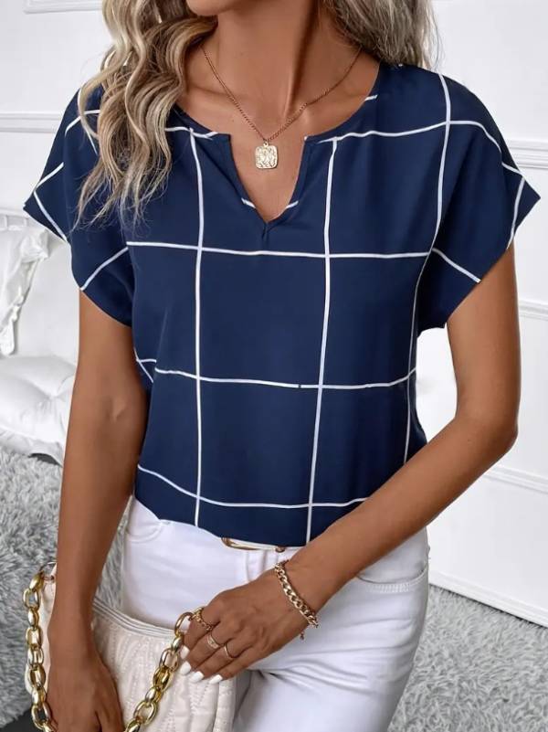 Plaid Print Notched Neck Blouse, Casual Short Sleeve Blouse For Spring & Summer, Women's Clothing - Image 3