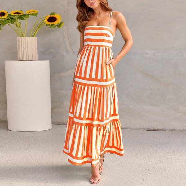 Summer Striped Printed Suspender Long Dress With Pockets Fashion Square Neck Backless Dresses For Beach Vacation Women Clothing - Image 3