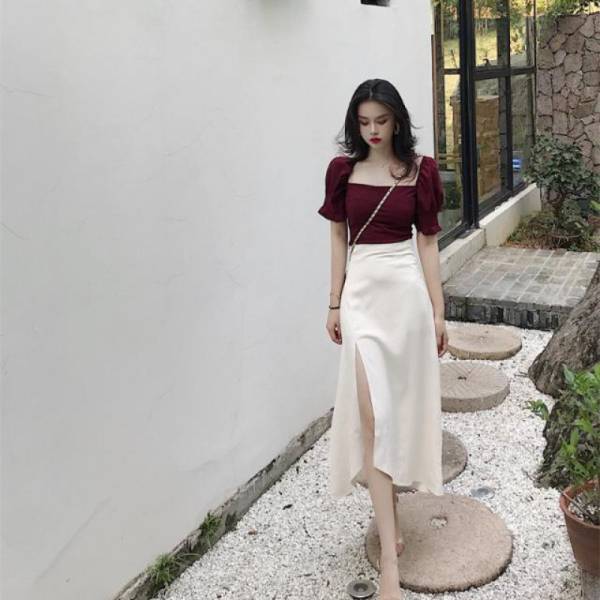 Court Style Square Collar Top High Waist Side Slit Skirt For Women - Image 2