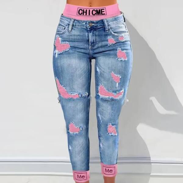 Fashion Colorblock Rolled Hem Distressed Cropped Jeans - Image 3