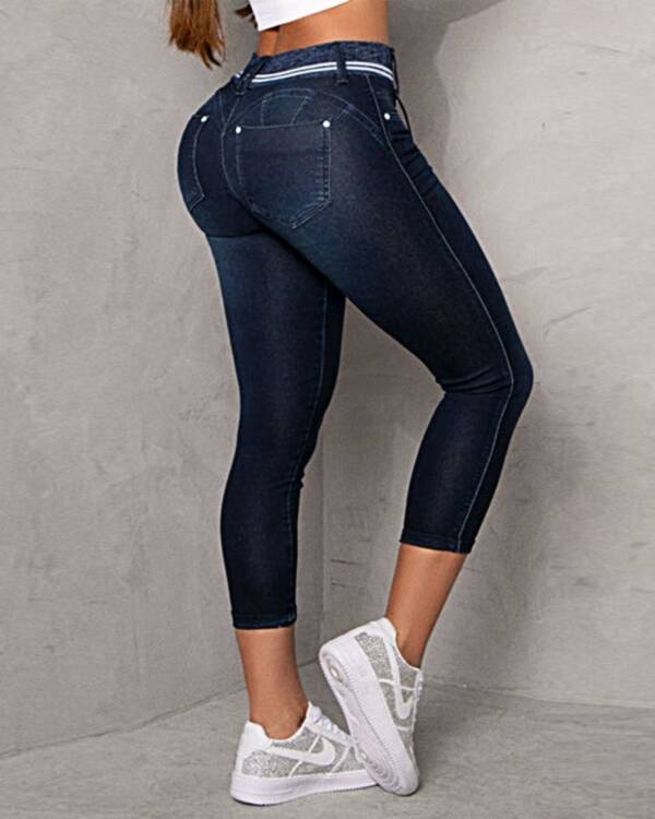 Striped Stitching Drawstring Tight Hip Raise Skinny Denim Ankle-length Pants - Image 3