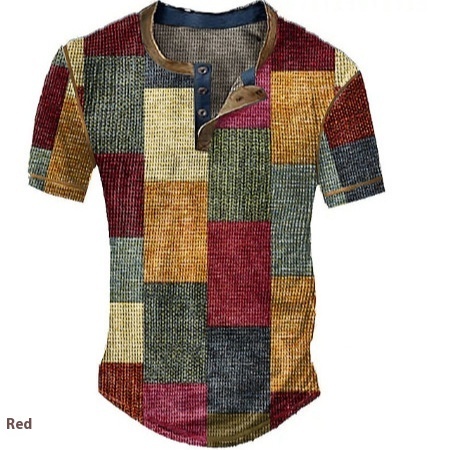 Men's Clothing Graphic Plaid Color Block Printed Men's Waffle Henley Shirt Short Sleeve - Image 2