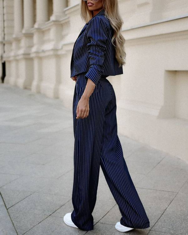 Fashion Striped Suits Casual Lapel Long Sleeve Cropped Top And Straight Pants Outfits Women's Clothing - Image 5