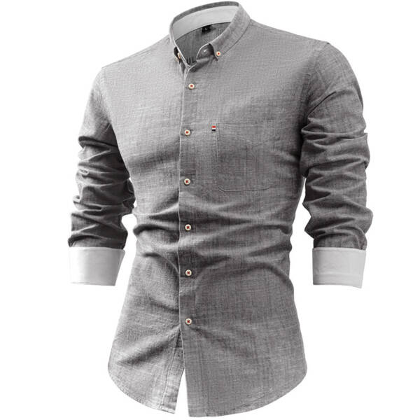 Foreign Trade Cotton And Linen Men's Shirt Solid Color Buckle - Image 9