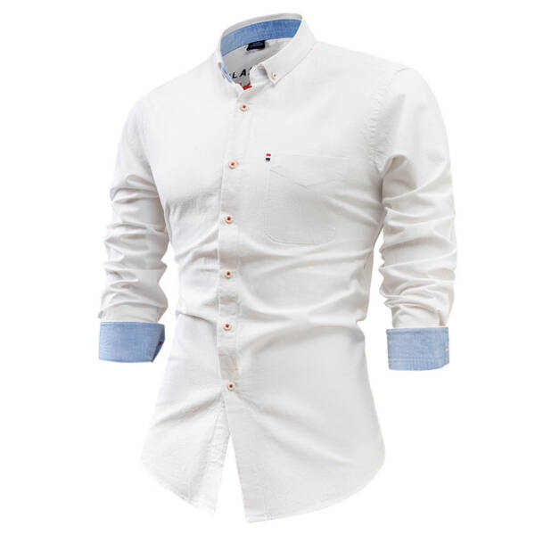 Foreign Trade Cotton And Linen Men's Shirt Solid Color Buckle - Image 6