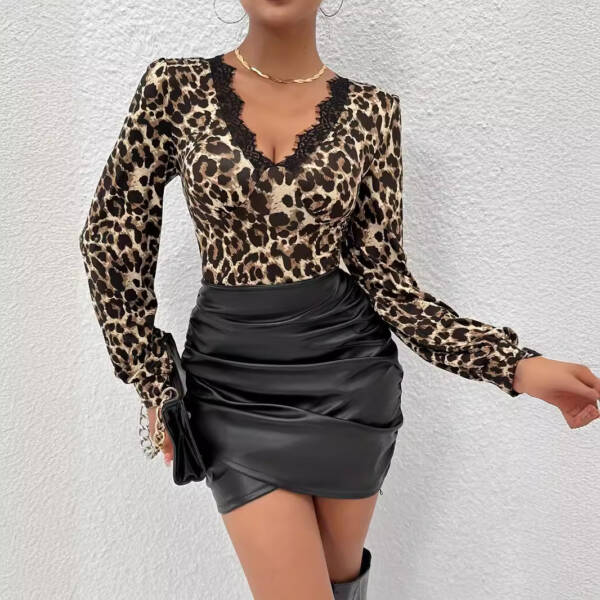 Autumn And Winter New Leopard Print Lace Top - Image 6