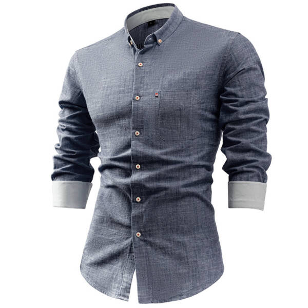 Foreign Trade Cotton And Linen Men's Shirt Solid Color Buckle - Image 10