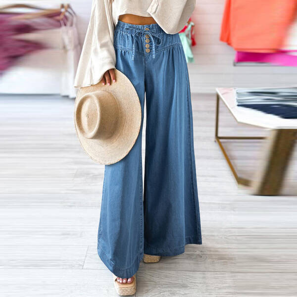 Solid Color High Waist Wide Leg Pants Women European And American Leisure Style Multi Button Jeans Women