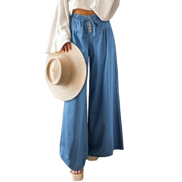 Solid Color High Waist Wide Leg Pants Women European And American Leisure Style Multi Button Jeans Women - Image 2