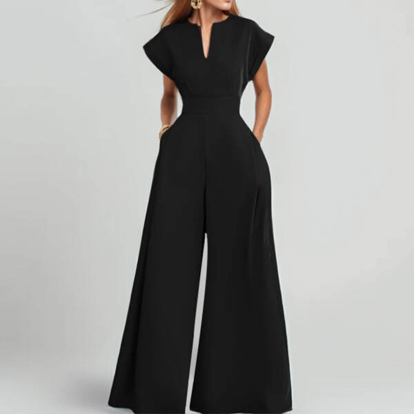 Women's Elegant Solid Color And V-neck Sleeveless Waist Wide-leg Jumpsuit - Image 4