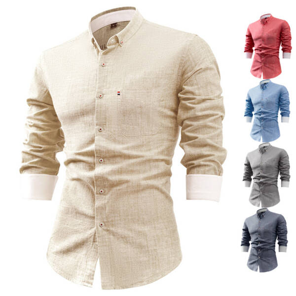 Foreign Trade Cotton And Linen Men's Shirt Solid Color Buckle