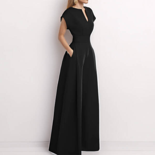 Women's Elegant Solid Color And V-neck Sleeveless Waist Wide-leg Jumpsuit - Image 5