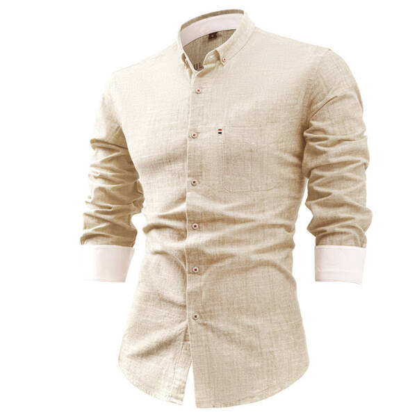 Foreign Trade Cotton And Linen Men's Shirt Solid Color Buckle - Image 4