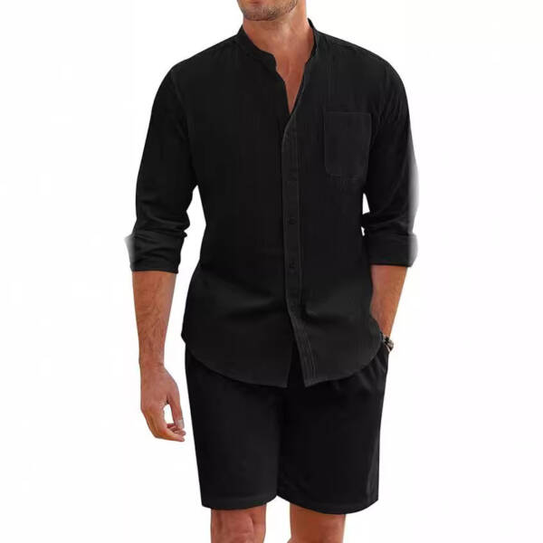 Men's Summer Two-piece Polyester Button Shirt Long Sleeve Shorts - Image 3