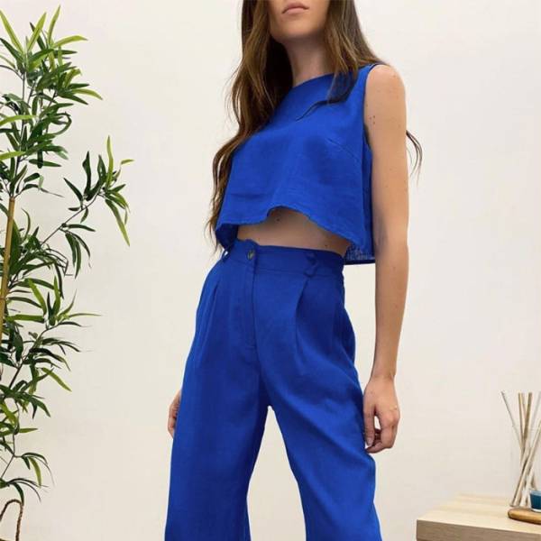 Solid Color Round Neck Sleeveless Vest Top And Trousers - Image 6