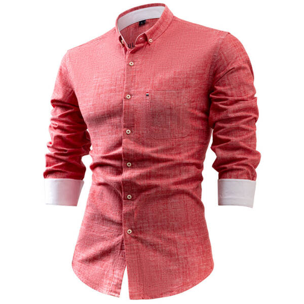 Foreign Trade Cotton And Linen Men's Shirt Solid Color Buckle - Image 7