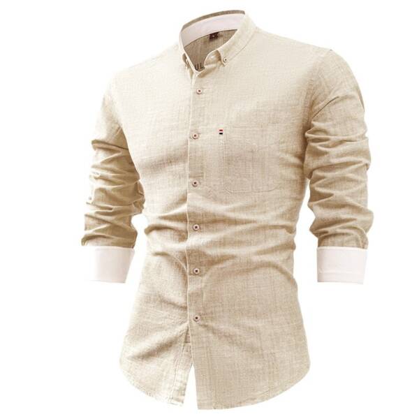 Foreign Trade Cotton And Linen Men's Shirt Solid Color Buckle - Image 5