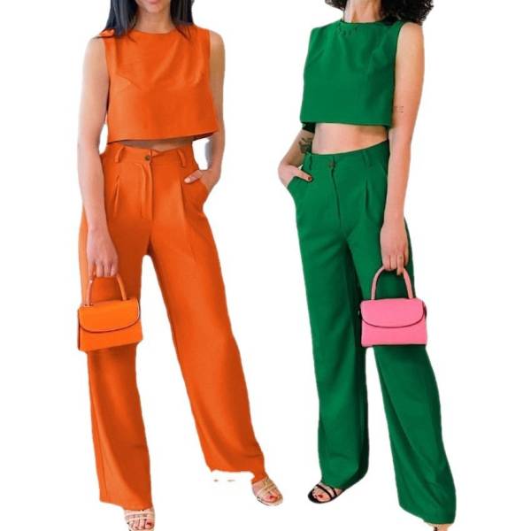 Solid Color Round Neck Sleeveless Vest Top And Trousers - Image 3