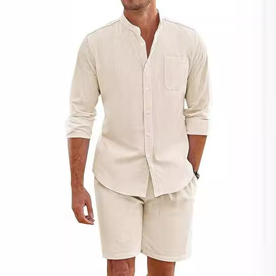 Men's Summer Two-piece Polyester Button Shirt Long Sleeve Shorts - Image 2