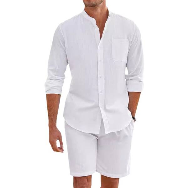 Men's Summer Two-piece Polyester Button Shirt Long Sleeve Shorts - Image 5