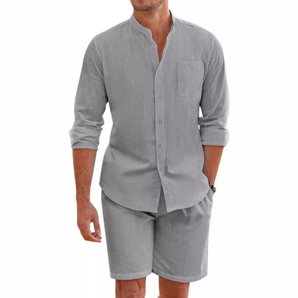 Men's Summer Two-piece Polyester Button Shirt Long Sleeve Shorts - Image 4