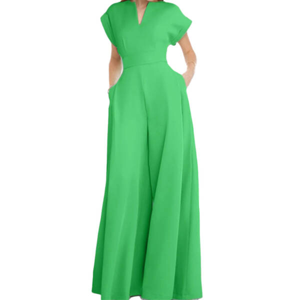 Women's Elegant Solid Color And V-neck Sleeveless Waist Wide-leg Jumpsuit - Image 3