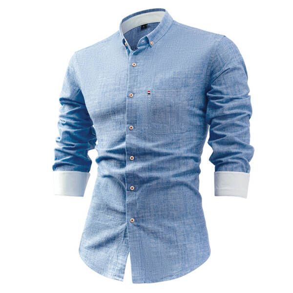 Foreign Trade Cotton And Linen Men's Shirt Solid Color Buckle - Image 8