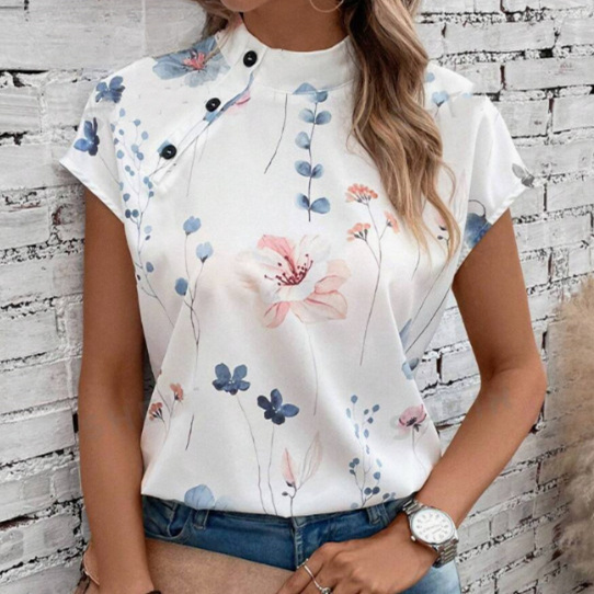 Women's Casual Stand Collar Short-sleeved Digital Printed Top T-shirt - Image 6