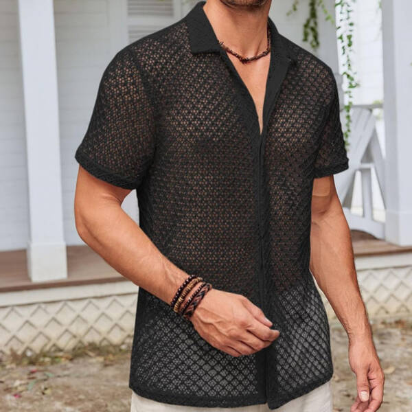 Fashion Solid Color Polo Collar Short Sleeve Mesh Shirt Men's Tops - Image 4