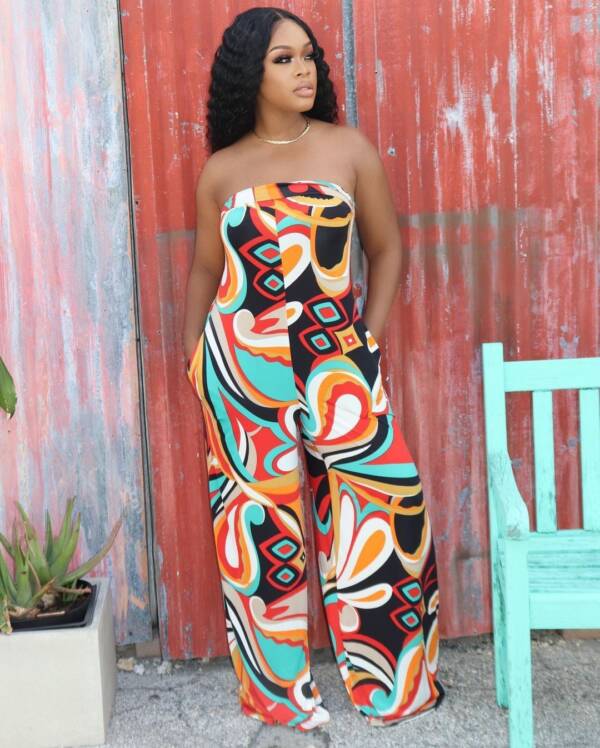 Women's Tube Top Halter Printed Jumpsuit Wide-leg Pants Plus Size Women's Clothing - Image 3