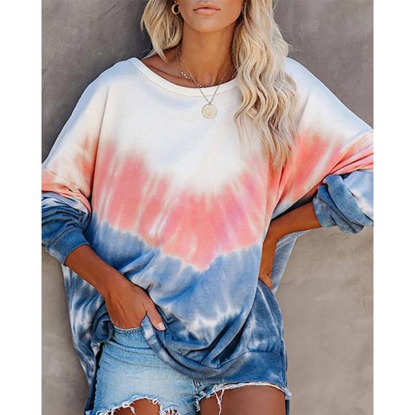 Women Printed Contrast Color Long-Sleeved Casual Loose Sweater - Image 2