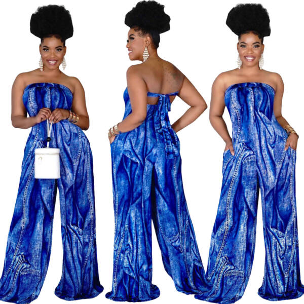 Women's Tube Top Halter Printed Jumpsuit Wide-leg Pants Plus Size Women's Clothing - Image 5