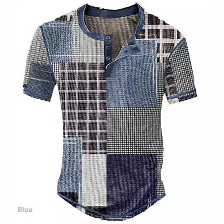 Men's Clothing Graphic Plaid Color Block Printed Men's Waffle Henley Shirt Short Sleeve - Image 3