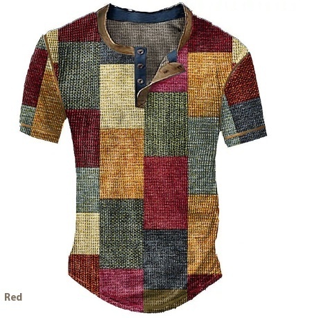 Men's Clothing Graphic Plaid Color Block Printed Men's Waffle Henley Shirt Short Sleeve - Image 7