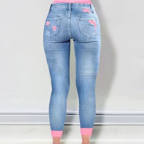 Fashion Colorblock Rolled Hem Distressed Cropped Jeans - Image 5