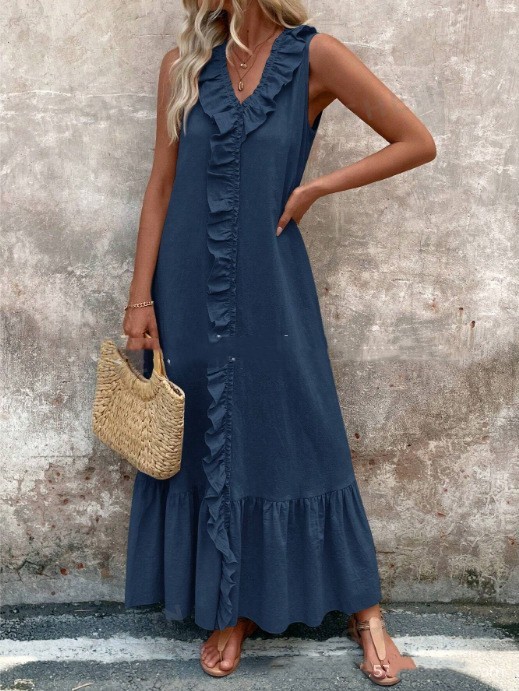 Solid Color Sleeveless Cotton Linen V-neck Swing Dress - Image 2