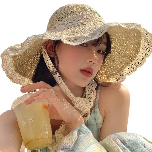 Lace String Color Woven Straw Hat Summer Versatile Outdoor Travel Beach Hat Cute Girl Ins Bucket Hat - Image 5