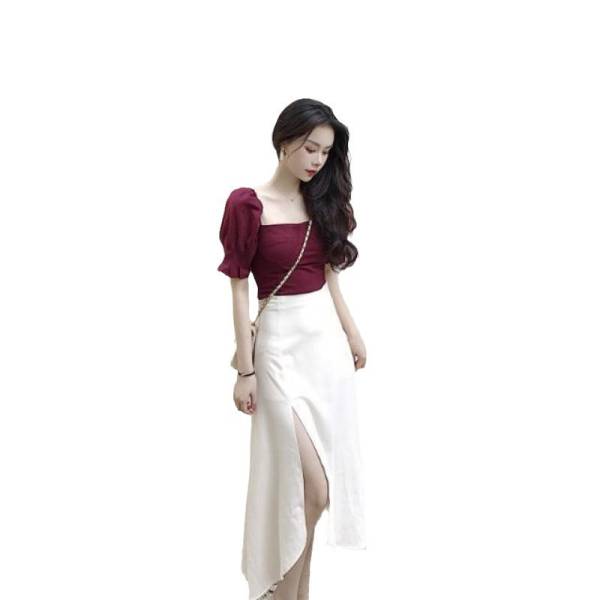 Court Style Square Collar Top High Waist Side Slit Skirt For Women - Image 5