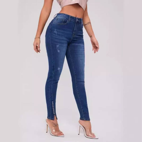 Slim Fit Patchwork High Waist Stretch Jeans - Image 2