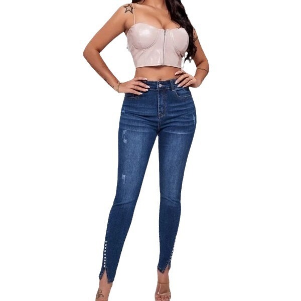 Slim Fit Patchwork High Waist Stretch Jeans - Image 5