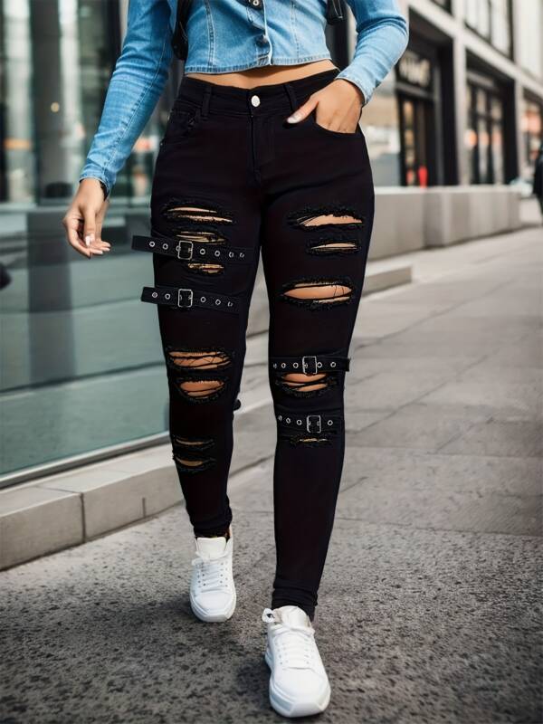 Black Tight Stretch Skinny Trousers Women's Ripped Denim Trousers - Image 7