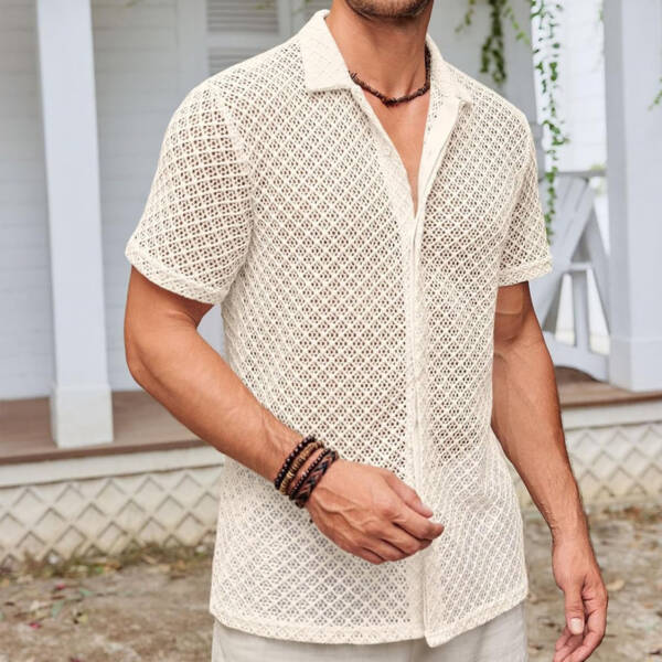 Fashion Solid Color Polo Collar Short Sleeve Mesh Shirt Men's Tops - Image 3