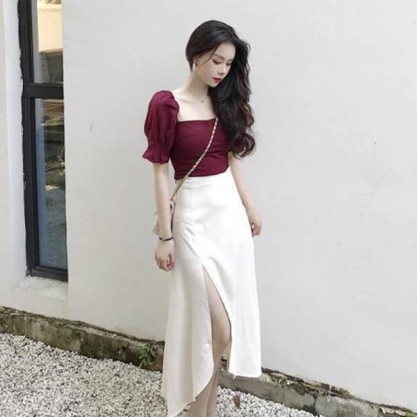 Court Style Square Collar Top High Waist Side Slit Skirt For Women - Image 7