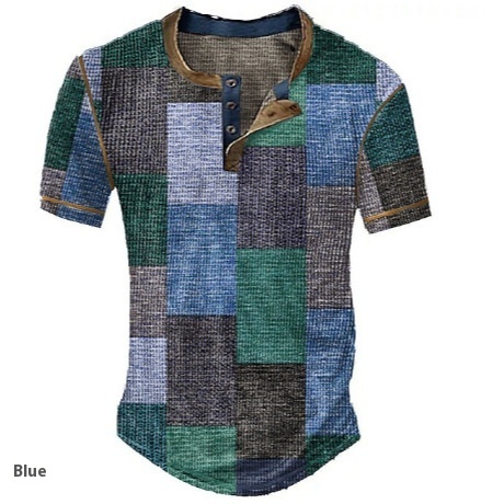 Men's Clothing Graphic Plaid Color Block Printed Men's Waffle Henley Shirt Short Sleeve - Image 5