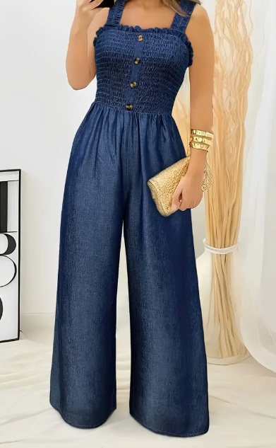 Stylish Ruched Jumpsuit - Sleeveless, Shirred, Wide Leg, Solid Color, Button Decor, Casual, Spring & Summer Essential - Women's Fashion Clothing For Warm Weather - Image 2